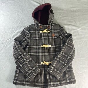 Fred Perry Short-Length Wool Blend Plaid Duffle Coat Women’s US 8 UK 12 Hooded